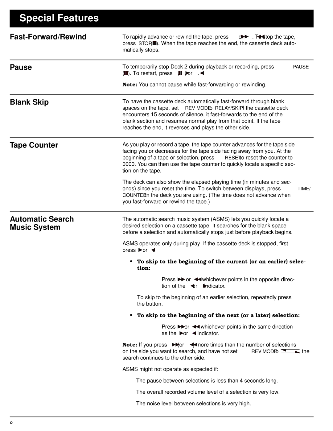 Optimus - Katadyn Products Inc SCT-56 owner manual Special Features, Fast-Forward/Rewind, Pause, Blank Skip, Tape Counter 