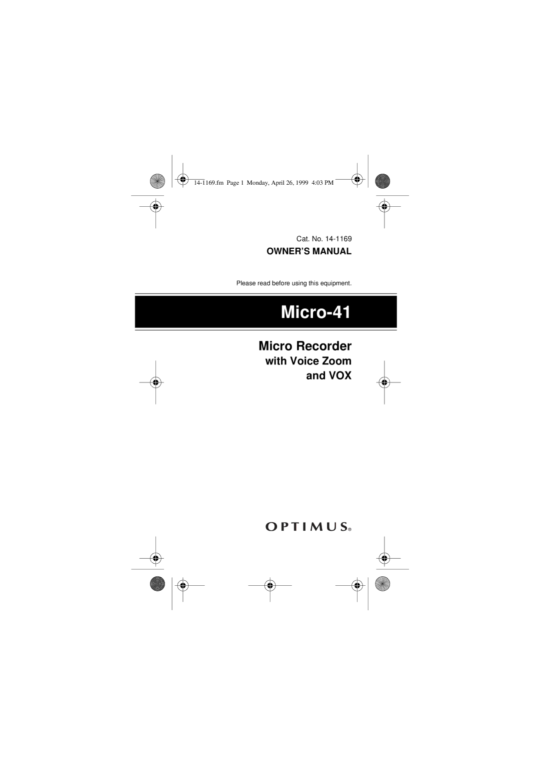 Optimus Micro-41, 05A99, 14-1169 owner manual 