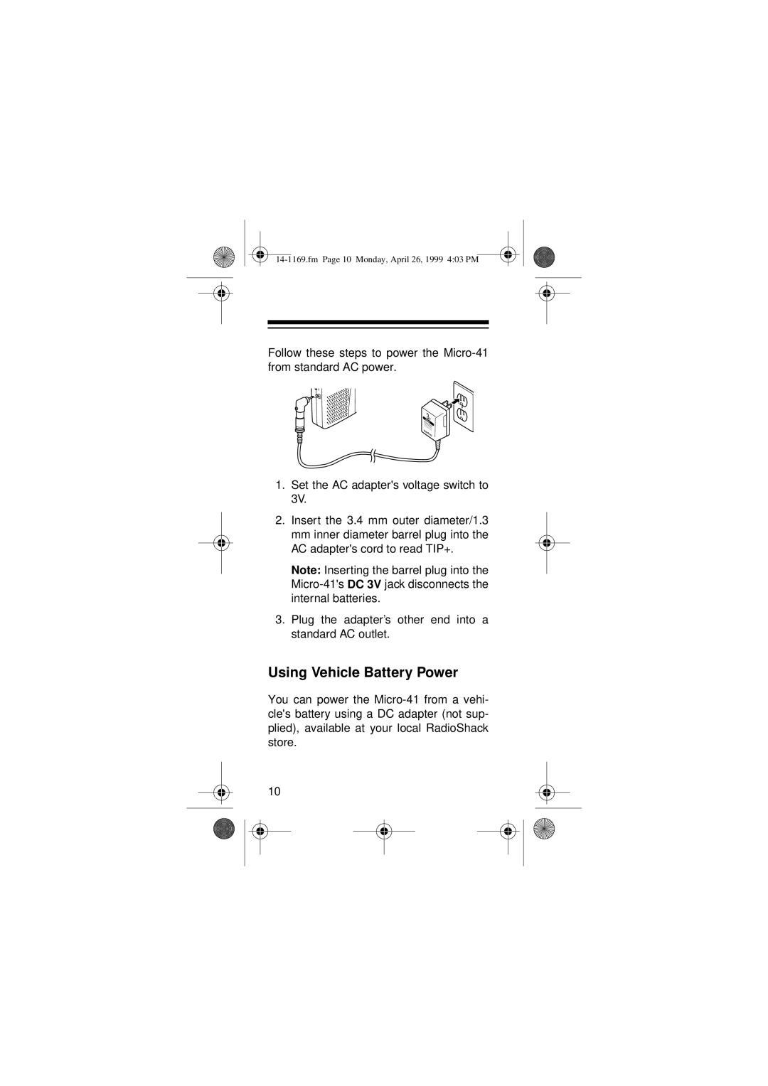 Optimus Micro-41, 05A99, 14-1169 owner manual Using Vehicle Battery Power 