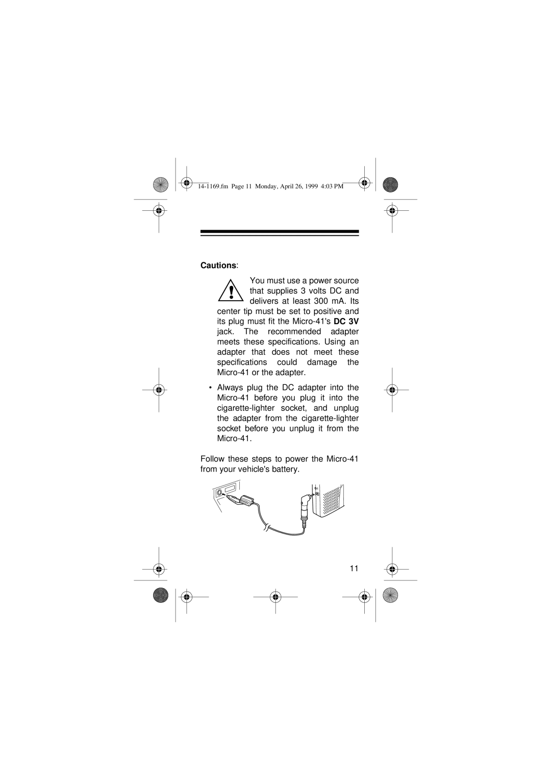 Optimus 14-1169, 05A99, Micro-41 owner manual Fm Page 11 Monday, April 26, 1999 403 PM 