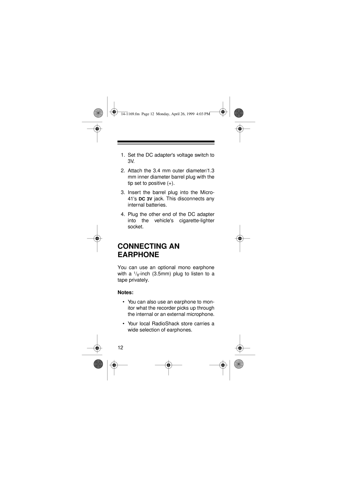 Optimus 05A99, Micro-41, 14-1169 owner manual Connecting AN Earphone 