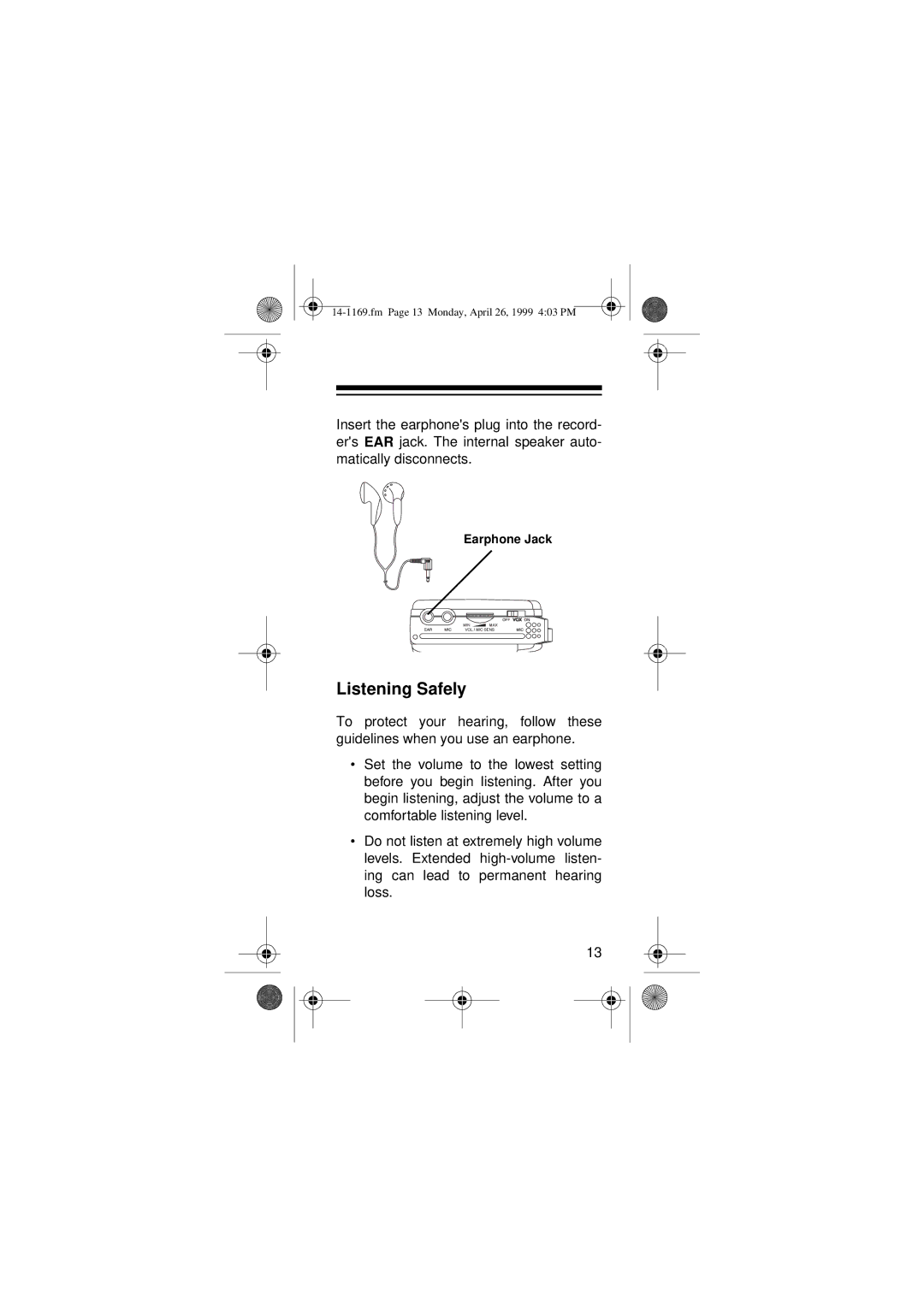 Optimus Micro-41, 05A99, 14-1169 owner manual Listening Safely 