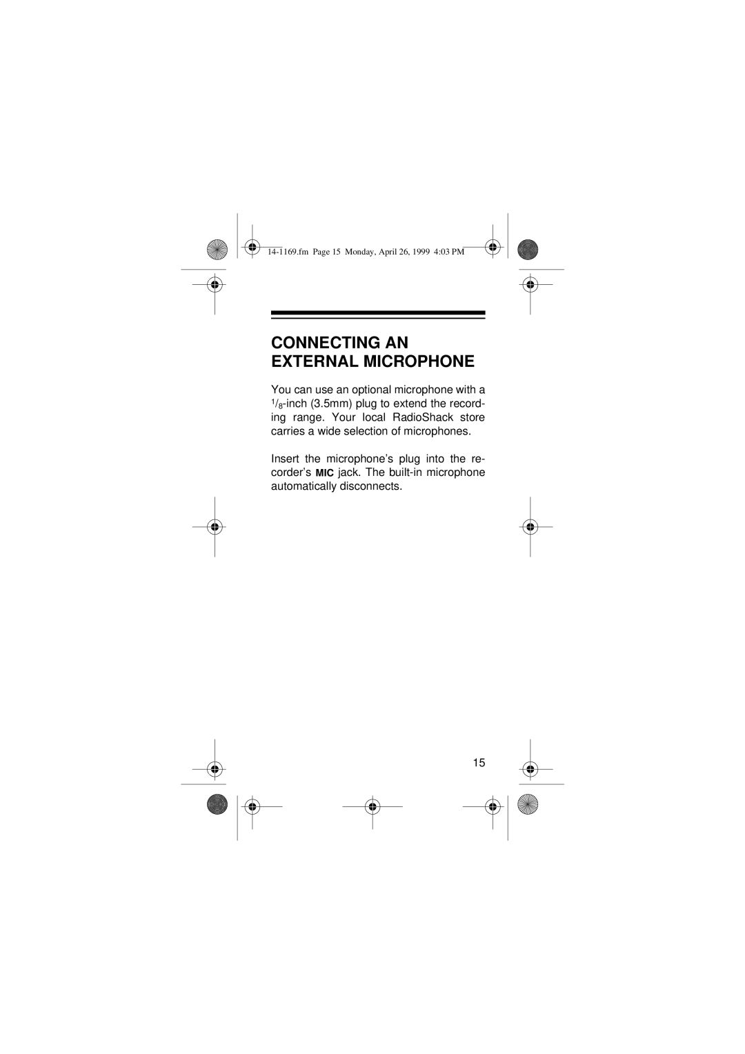 Optimus 05A99, Micro-41, 14-1169 owner manual Connecting AN External Microphone 