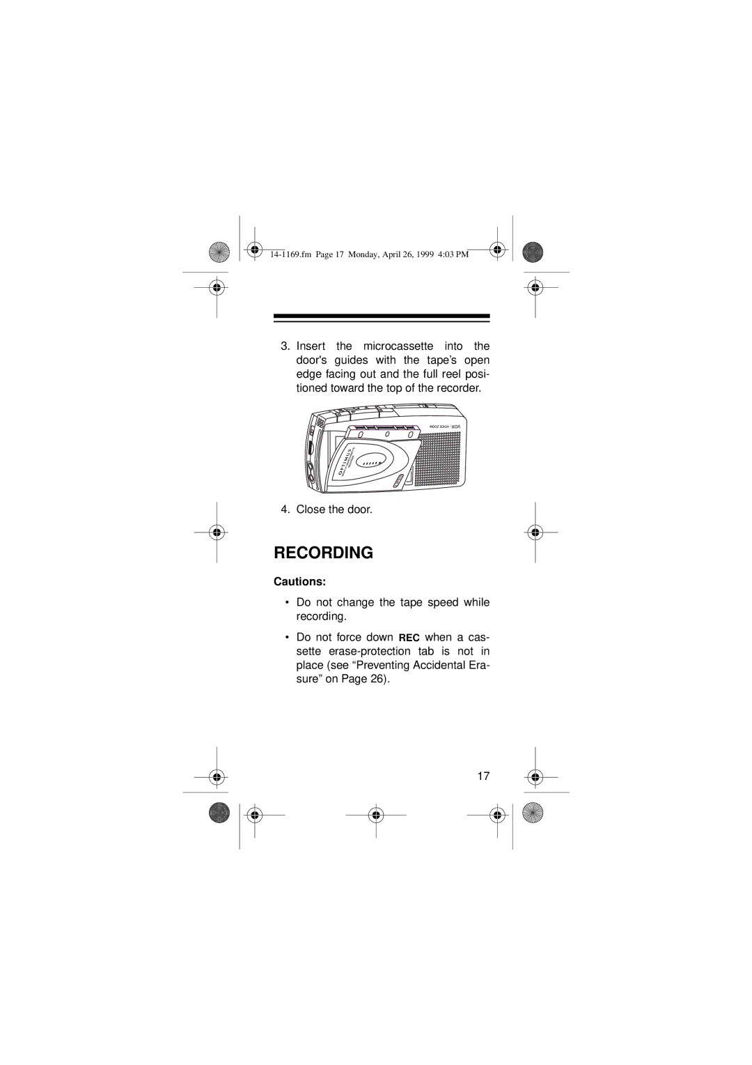 Optimus 14-1169, 05A99, Micro-41 owner manual Recording 