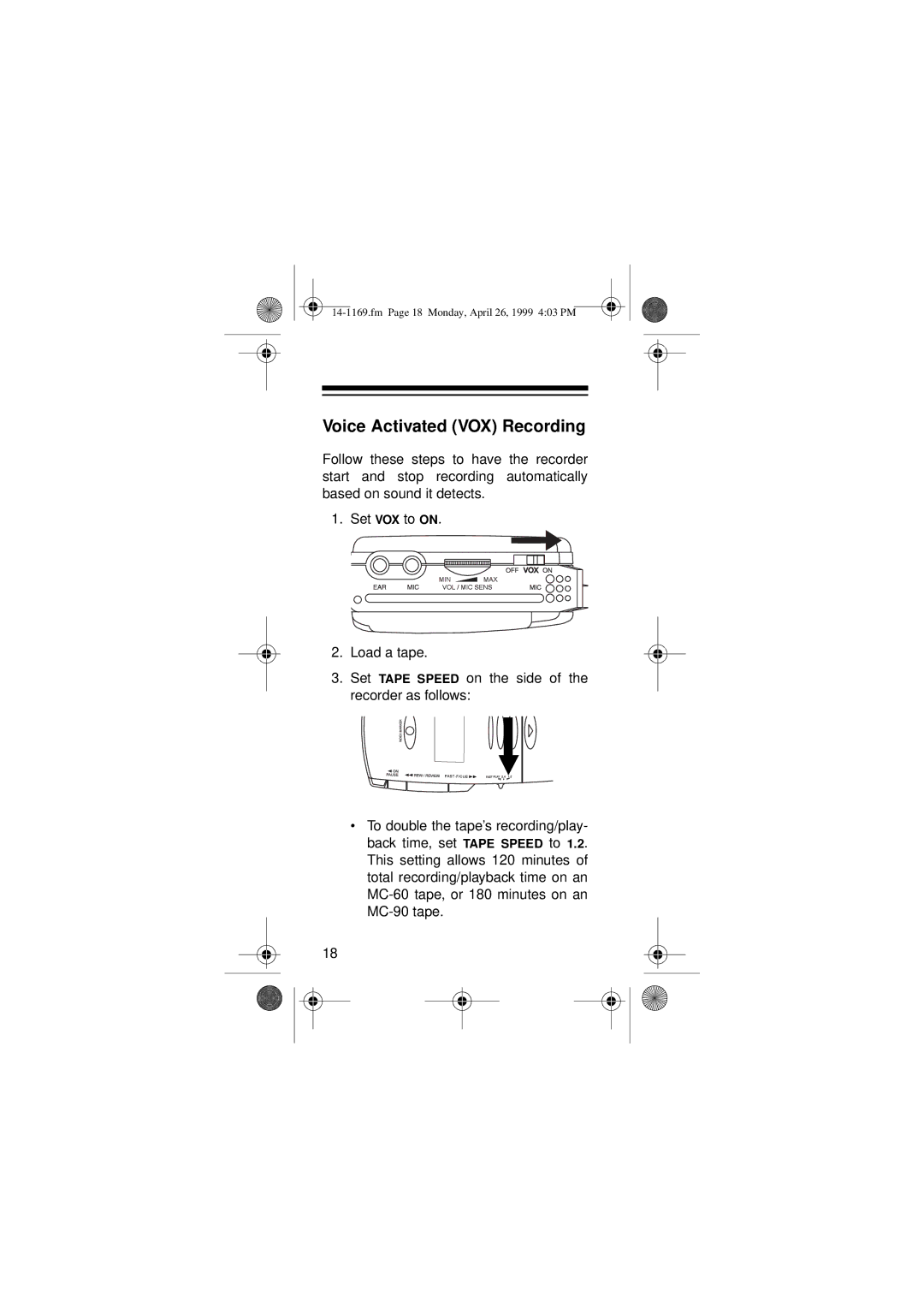 Optimus 05A99, Micro-41, 14-1169 owner manual Voice Activated VOX Recording 