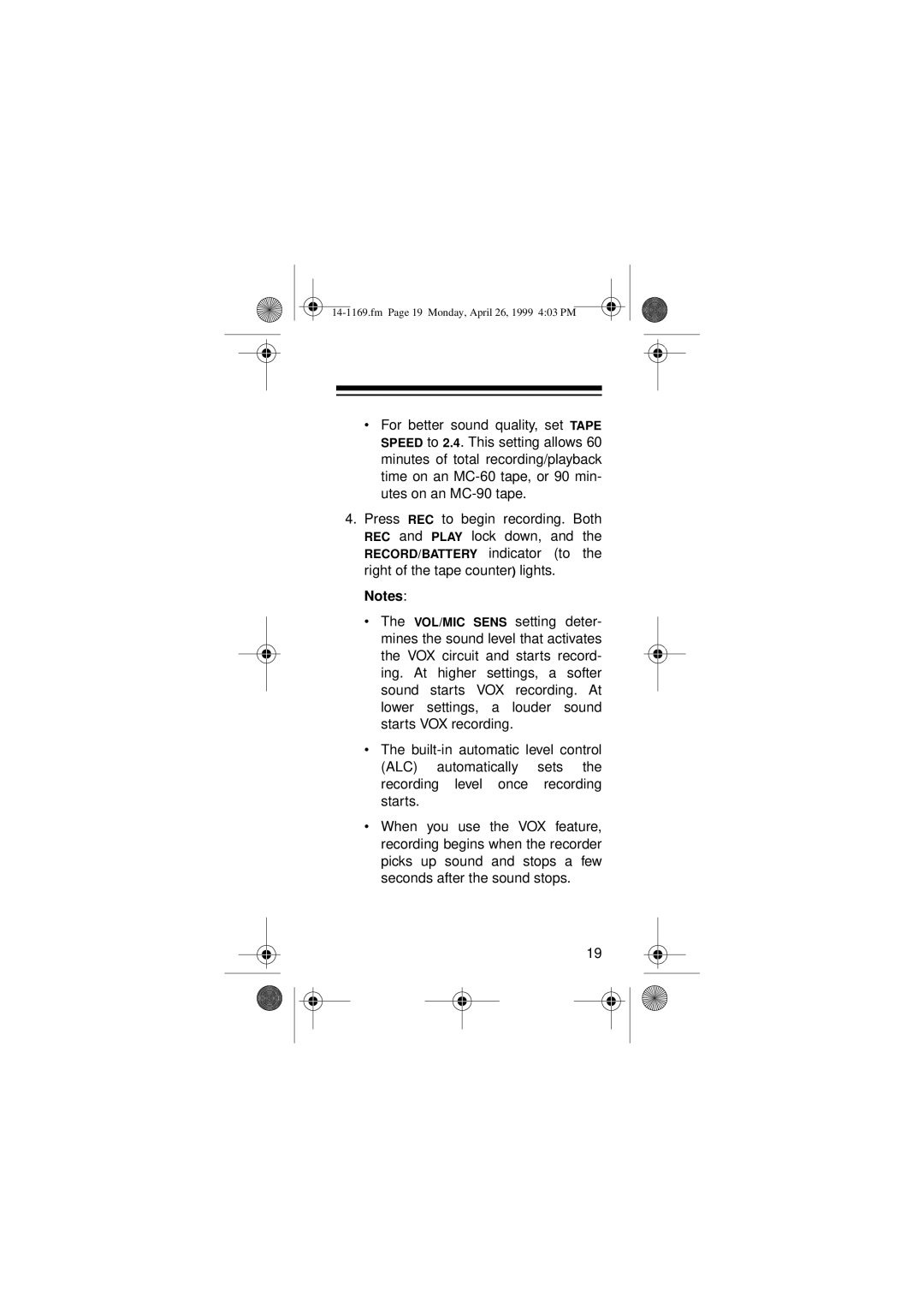 Optimus Micro-41, 05A99, 14-1169 owner manual Fm Page 19 Monday, April 26, 1999 403 PM 