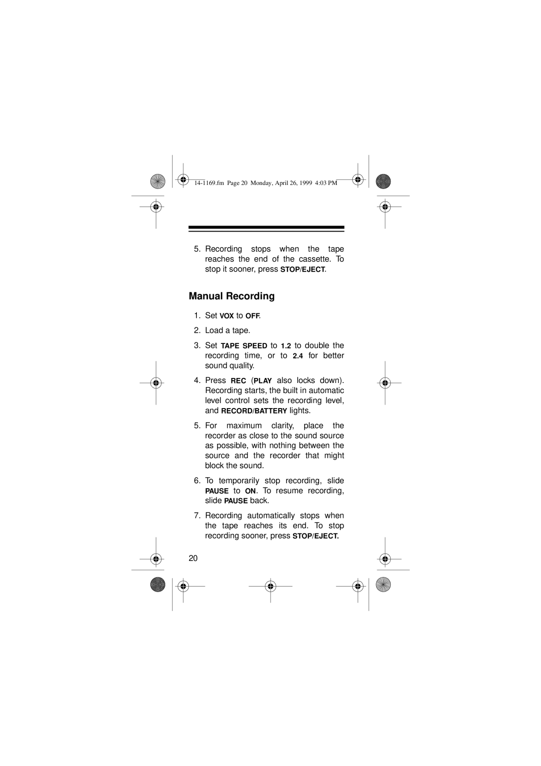 Optimus 14-1169, 05A99, Micro-41 owner manual Manual Recording 