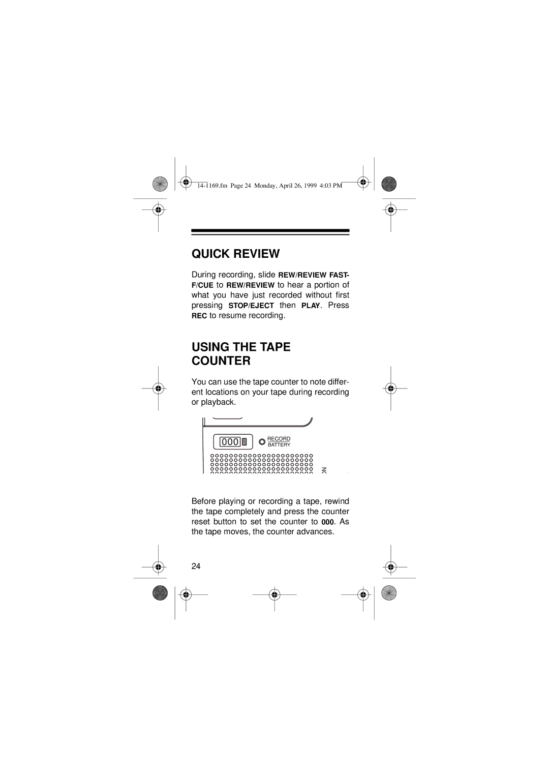 Optimus 05A99, Micro-41, 14-1169 owner manual Quick Review, Using the Tape Counter 