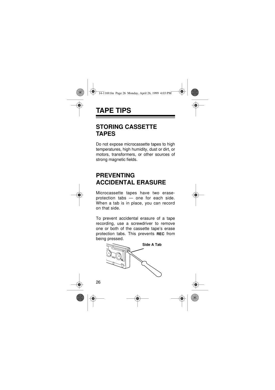 Optimus 14-1169, 05A99, Micro-41 owner manual Tape Tips, Storing Cassette Tapes, Preventing Accidental Erasure 