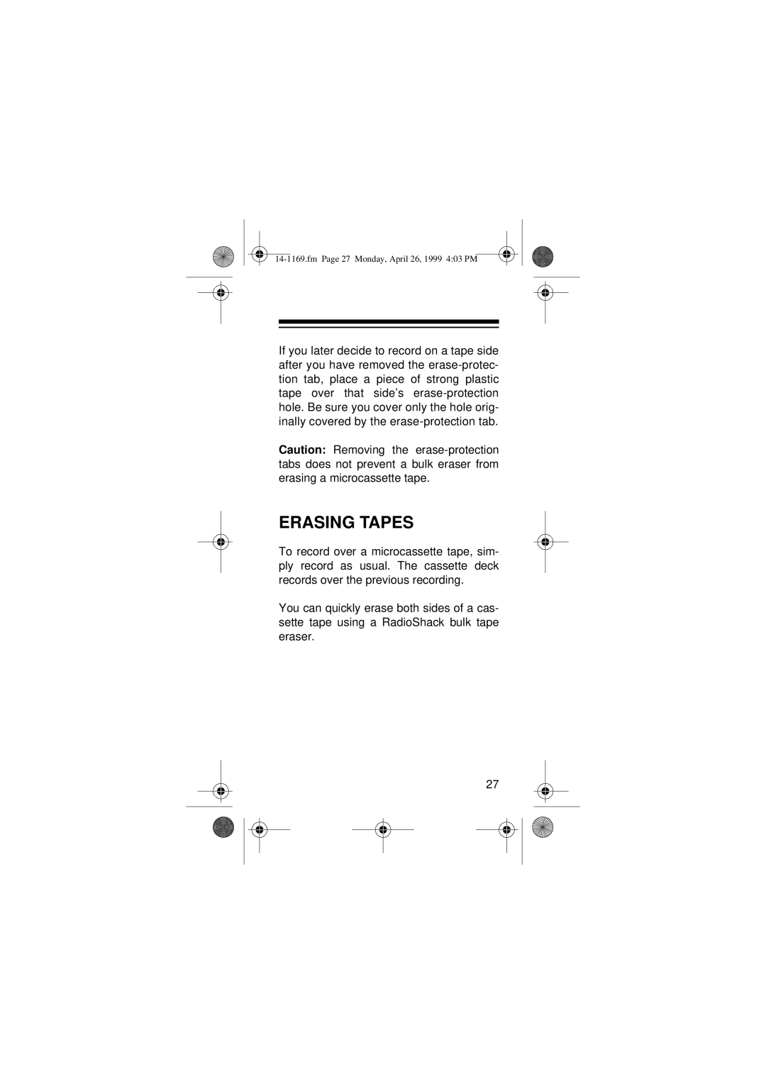 Optimus 05A99, Micro-41, 14-1169 owner manual Erasing Tapes 