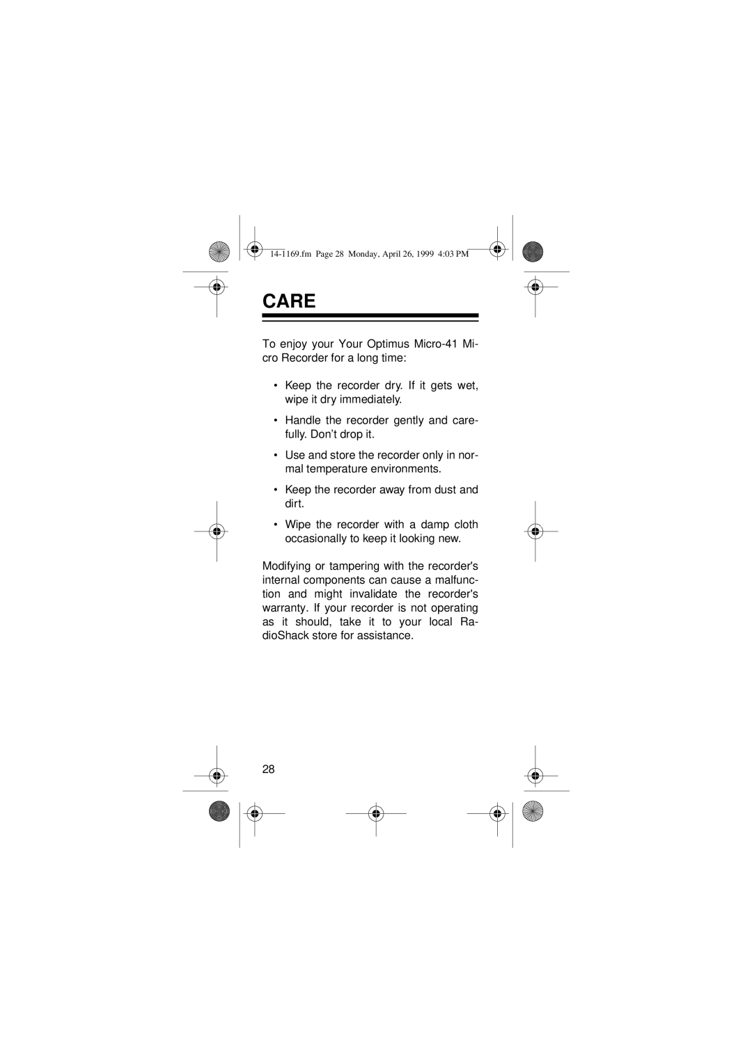 Optimus Micro-41, 05A99, 14-1169 owner manual Care 