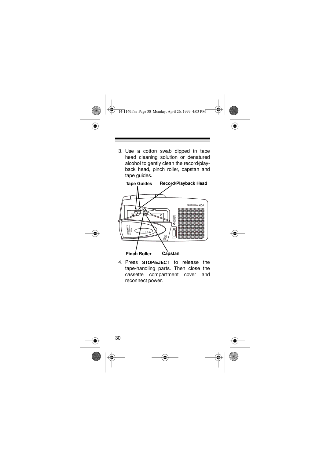 Optimus 05A99, Micro-41, 14-1169 owner manual Tape Guides Record/Playback Head Pinch Roller 