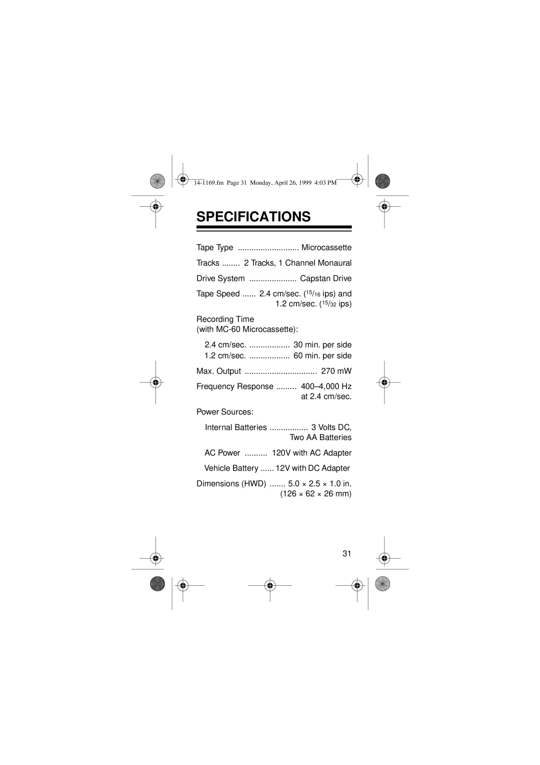 Optimus Micro-41, 05A99, 14-1169 owner manual Specifications 