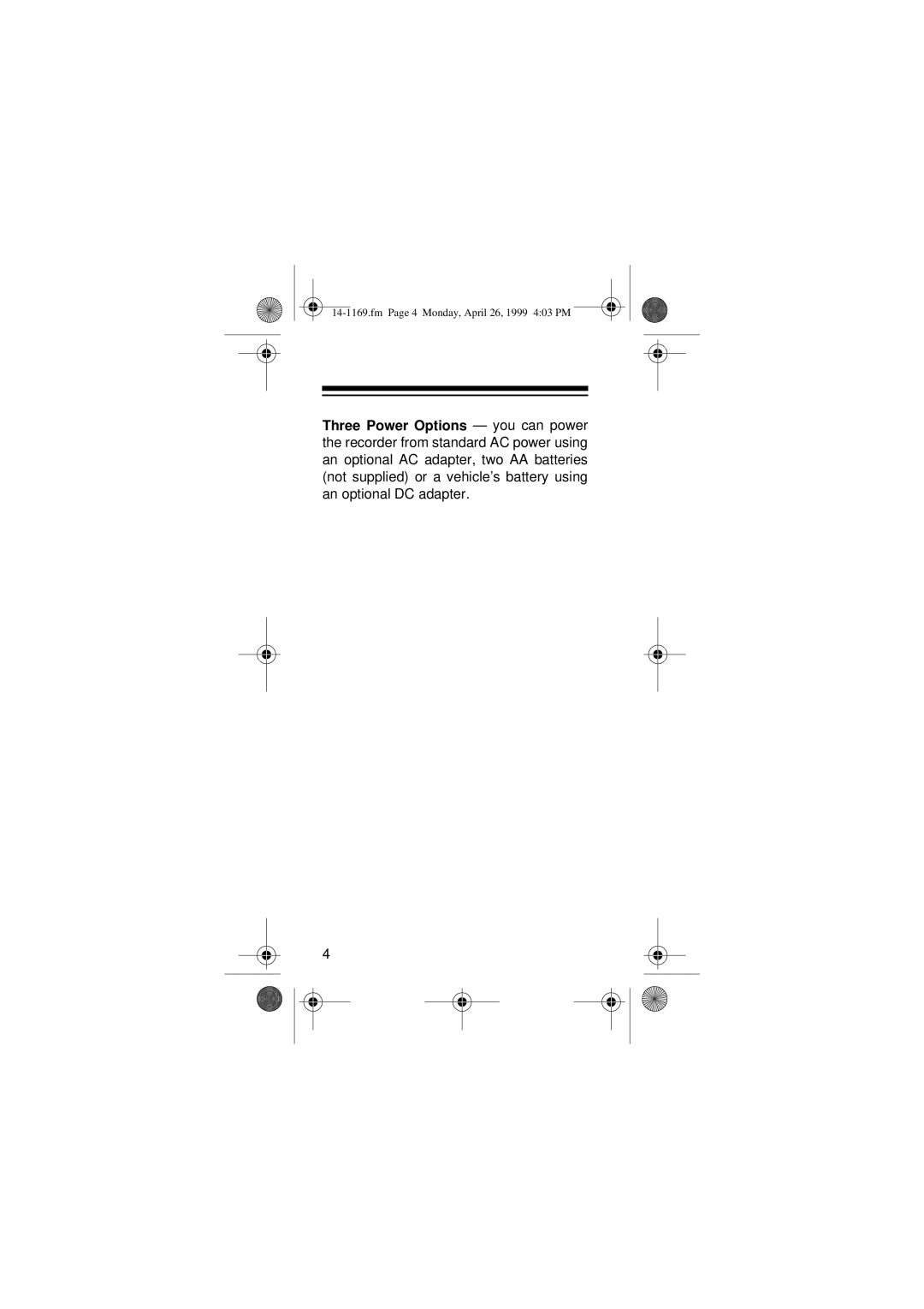 Optimus Micro-41, 05A99, 14-1169 owner manual Fm Page 4 Monday, April 26, 1999 403 PM 