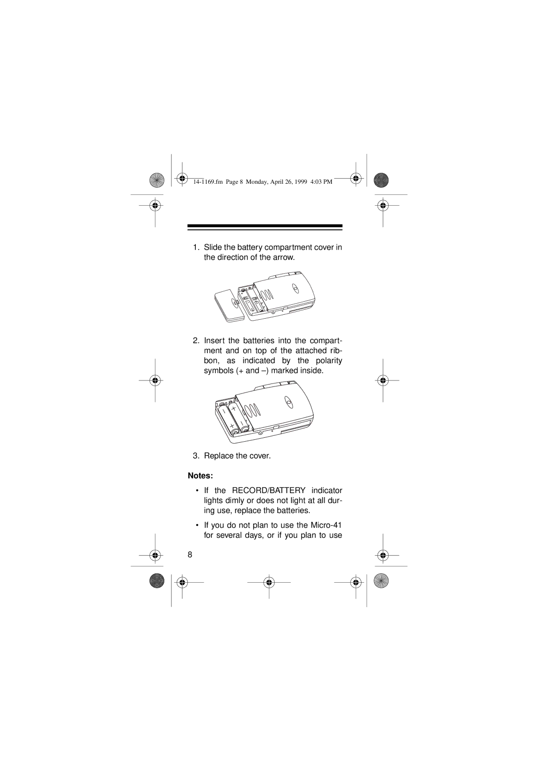 Optimus 14-1169, 05A99, Micro-41 owner manual Fm Page 8 Monday, April 26, 1999 403 PM 