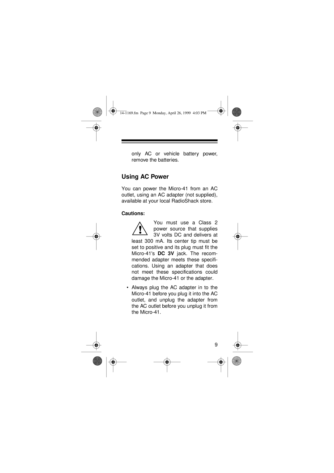 Optimus 05A99, Micro-41, 14-1169 owner manual Using AC Power 