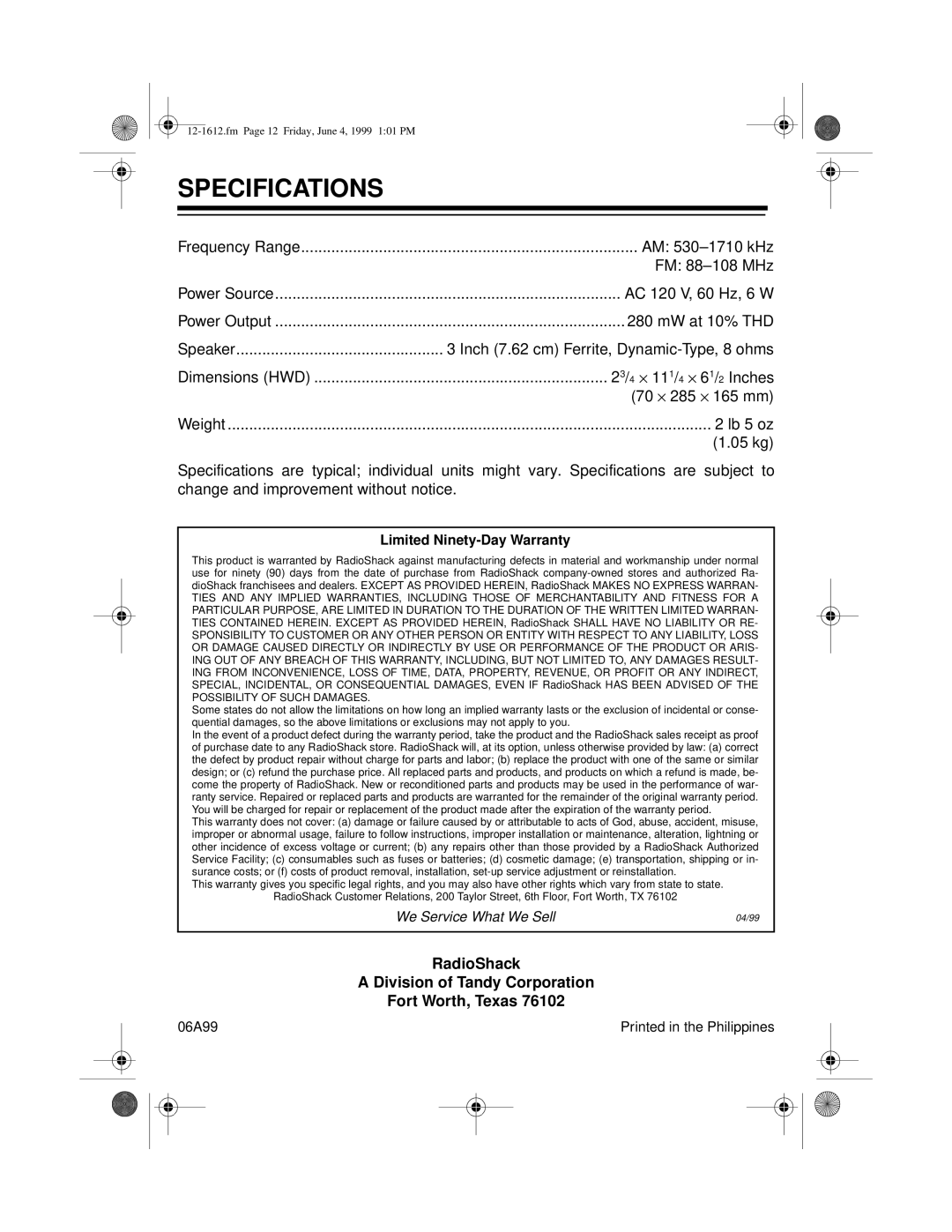 Optimus 102 owner manual Specifications, Limited Ninety-Day Warranty 