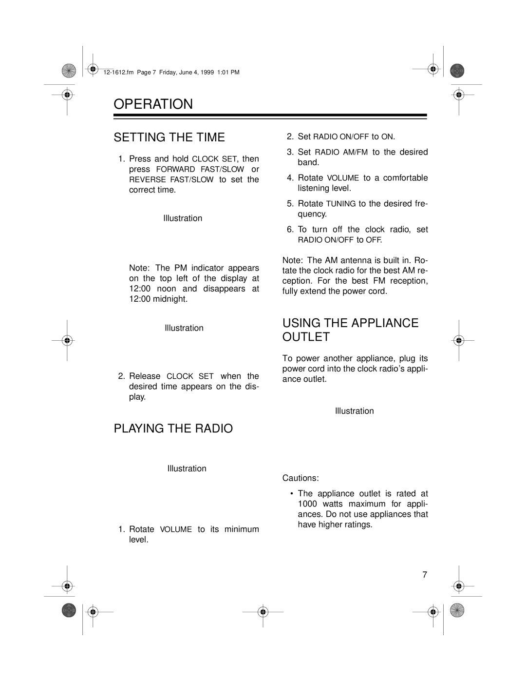 Optimus 102 owner manual Operation, Setting the Time, Using the Appliance Outlet, Playing the Radio 