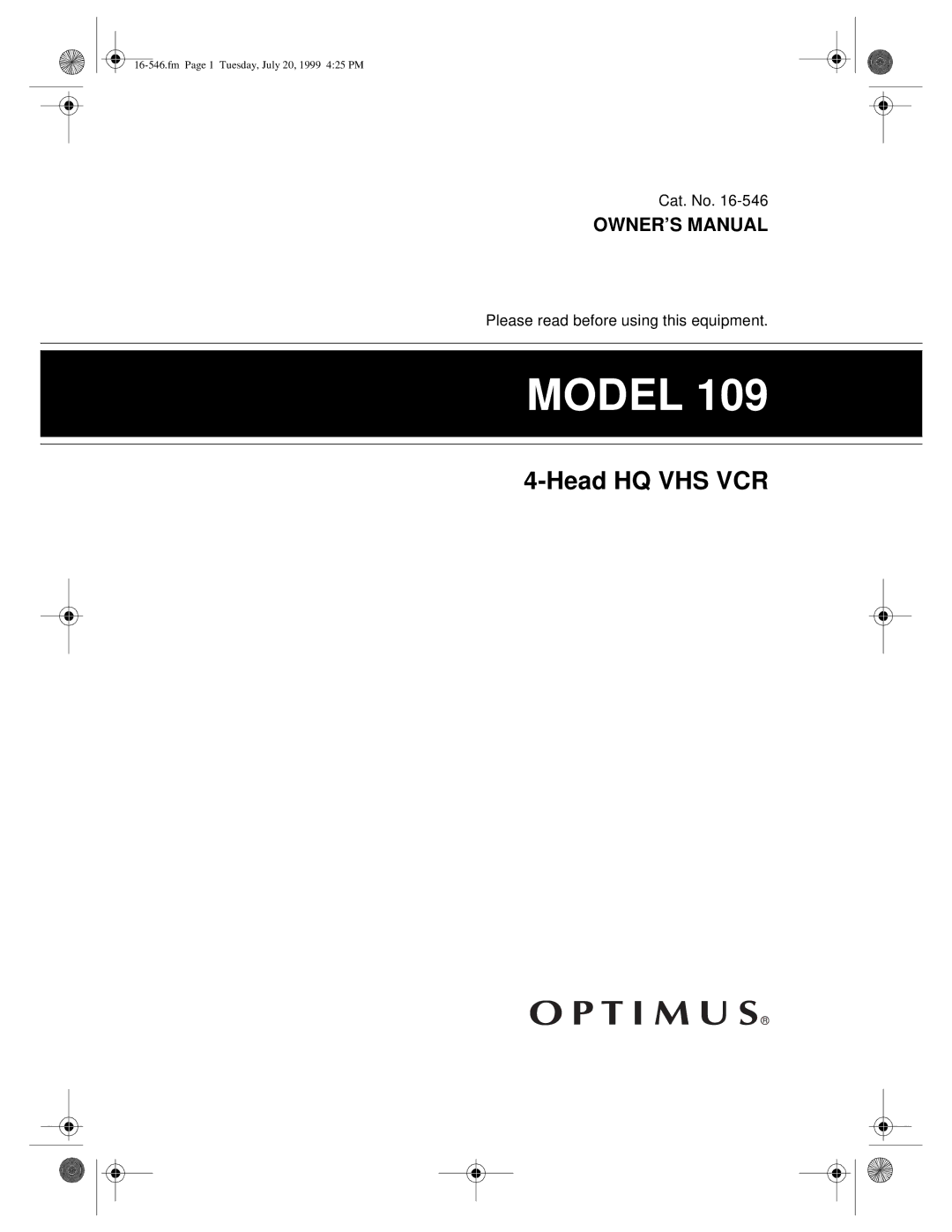 Optimus 109 owner manual Model 