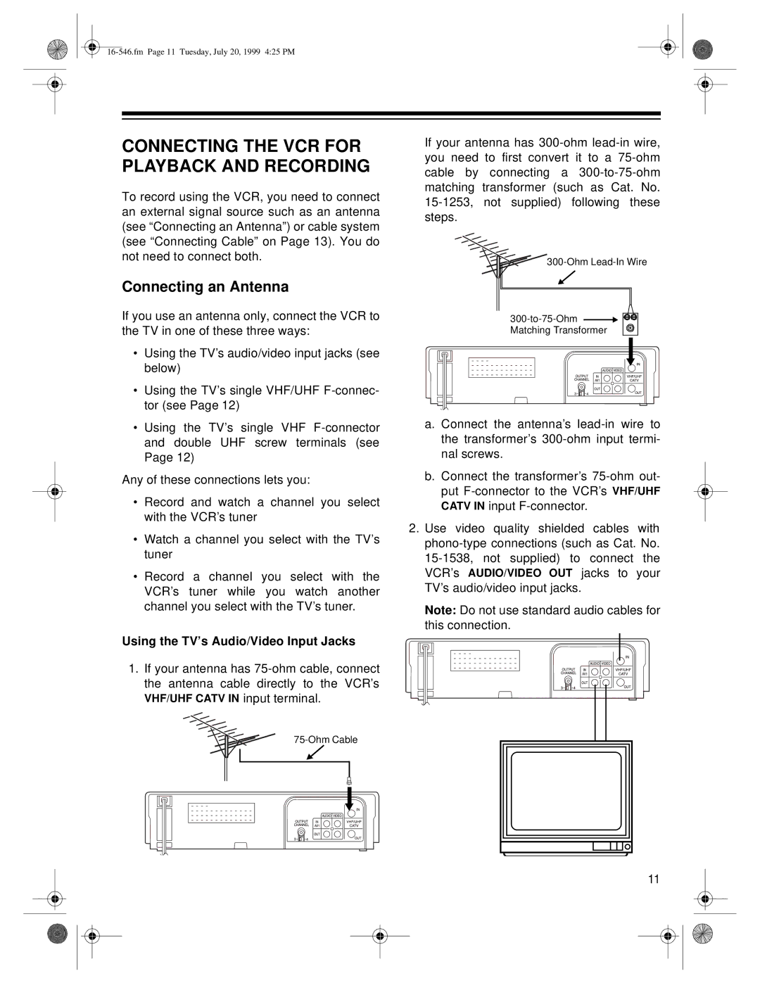 Optimus 109 Connecting the VCR for Playback and Recording, Connecting an Antenna, Using the TV’s Audio/Video Input Jacks 