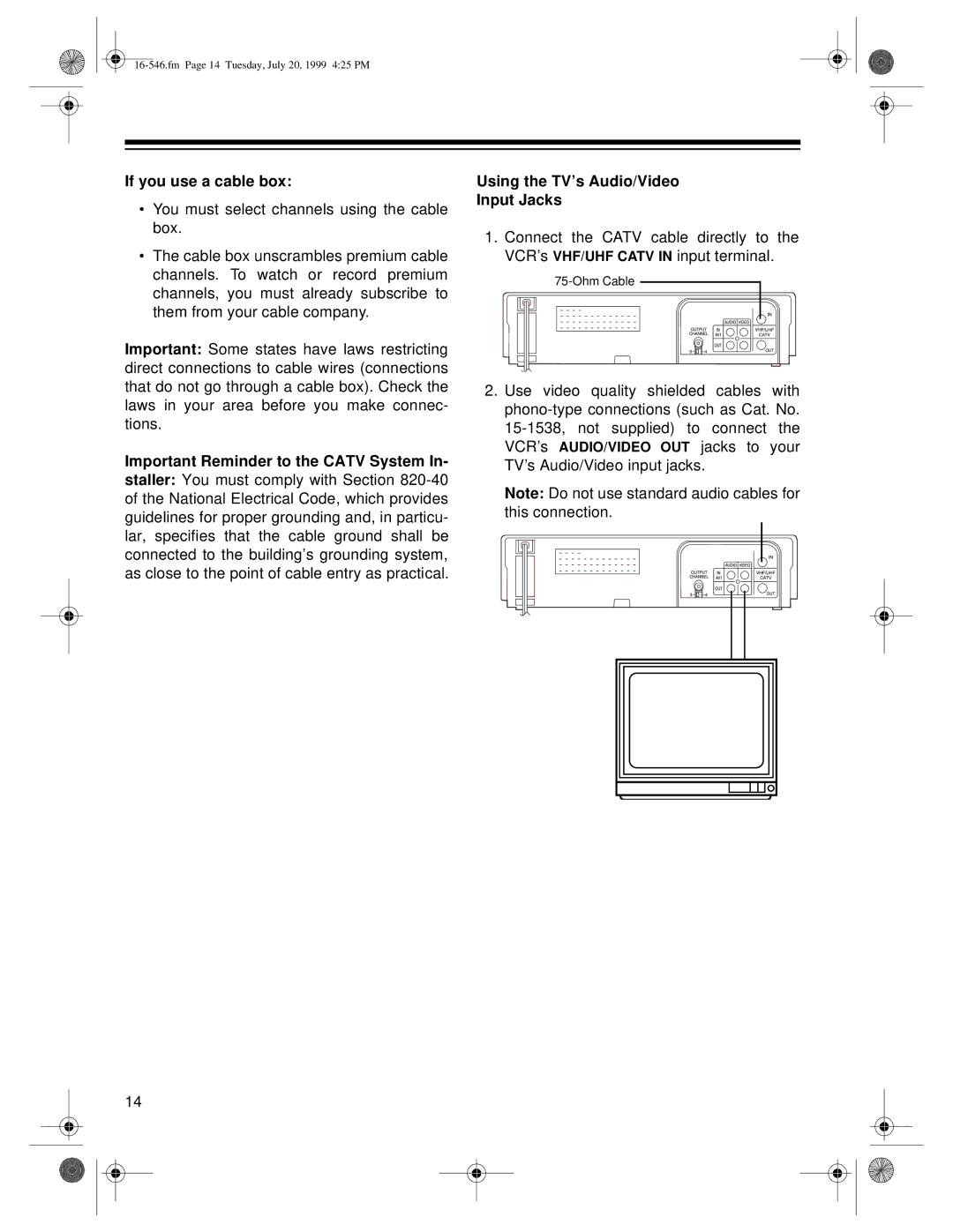 Optimus 109 owner manual If you use a cable box, Important Reminder to the Catv System 