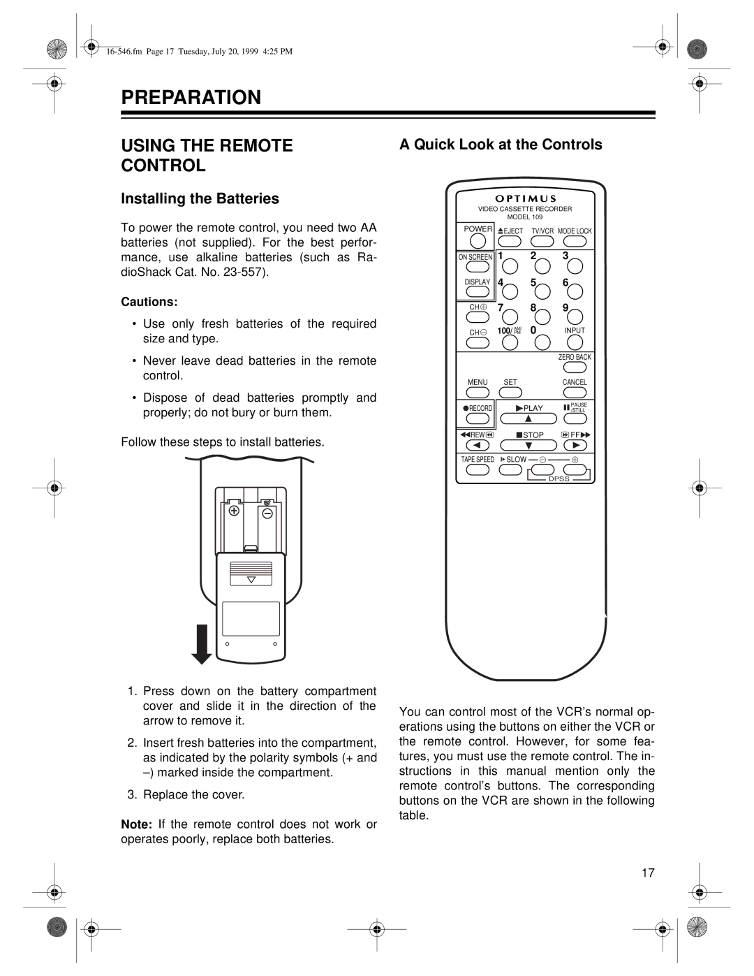 Optimus 109 owner manual Preparation, Using the Remote Control, Installing the Batteries, Quick Look at the Controls 