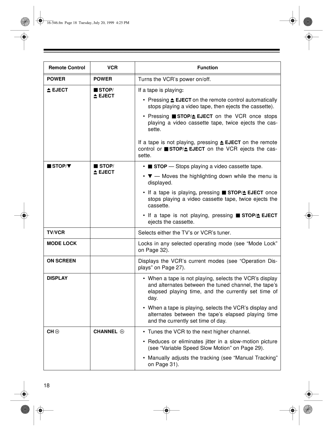 Optimus 109 owner manual Turns the VCR’s power on/off, If a tape is playing 