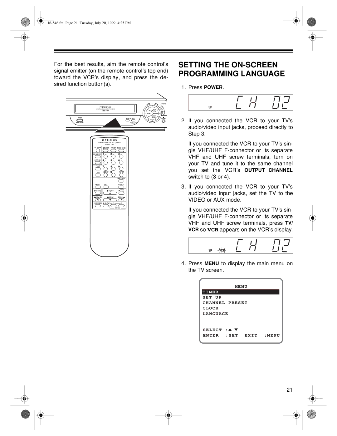 Optimus 109 owner manual Setting the ON-SCREEN Programming Language, Four Head 