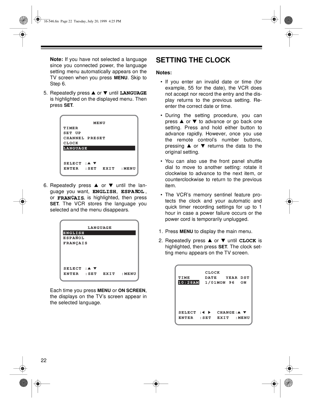 Optimus 109 owner manual Setting the Clock 