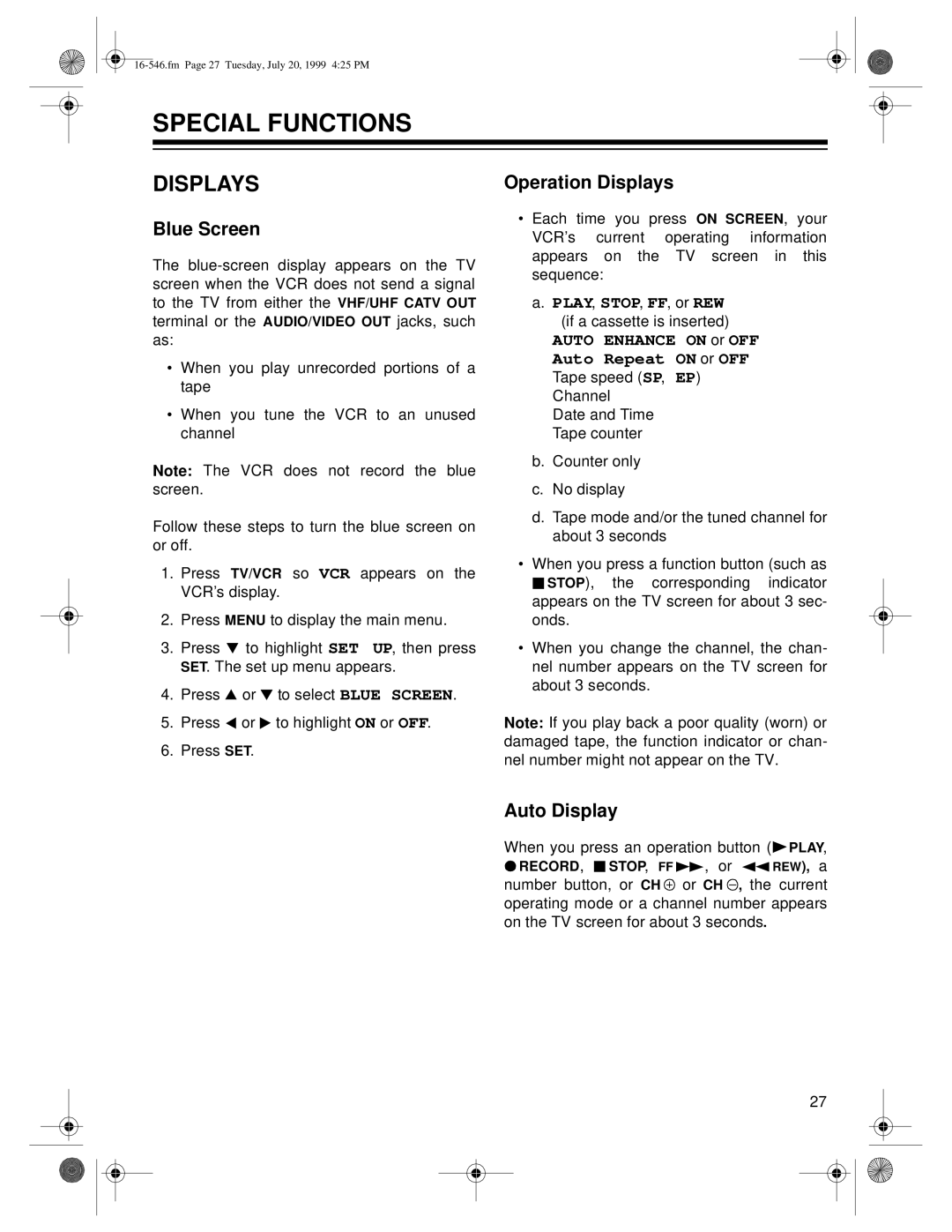 Optimus 109 owner manual Special Functions, Blue Screen, Operation Displays, Auto Display 