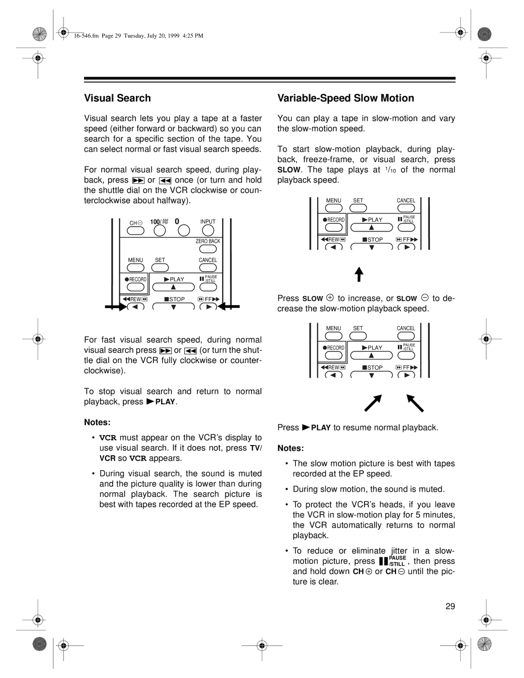 Optimus 109 owner manual Visual Search, Variable-Speed Slow Motion 