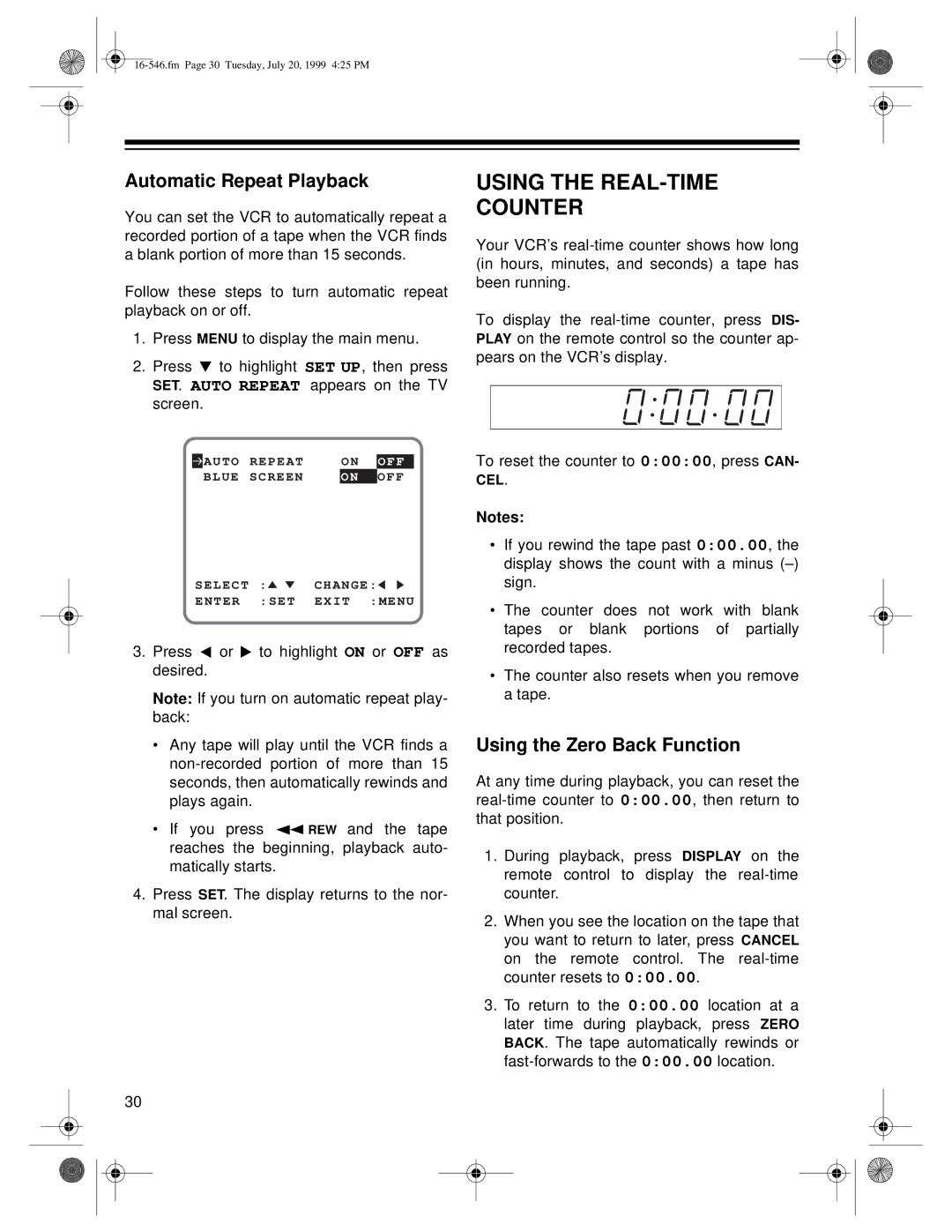 Optimus 109 owner manual Using the REAL-TIME Counter, Automatic Repeat Playback, Using the Zero Back Function 