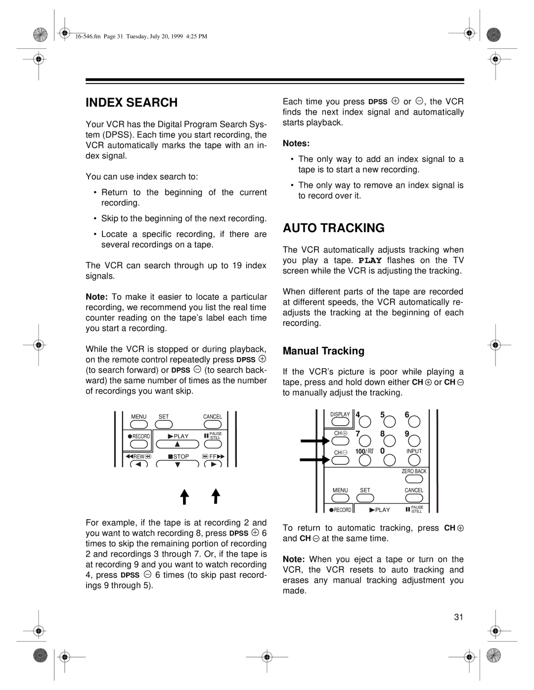 Optimus 109 owner manual Index Search, Auto Tracking, Manual Tracking 