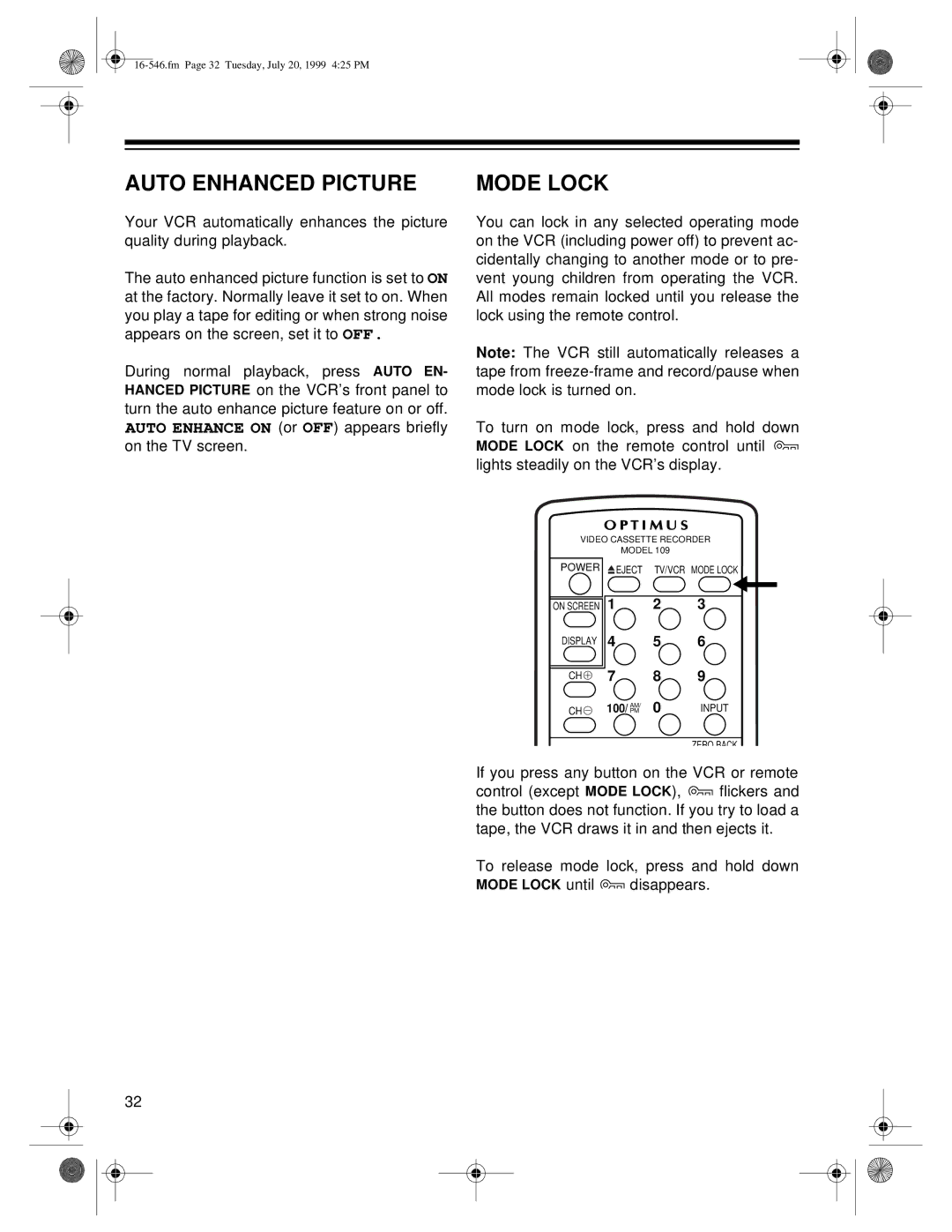 Optimus 109 owner manual Auto Enhanced Picture, Mode Lock 