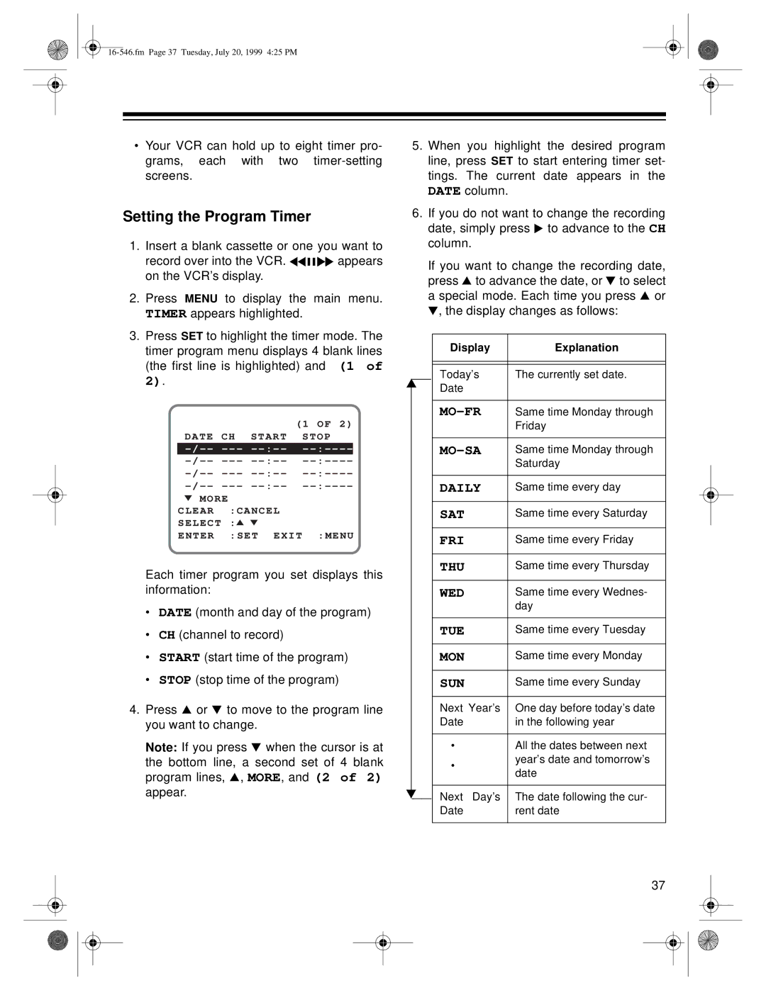 Optimus 109 owner manual Setting the Program Timer, Sun 