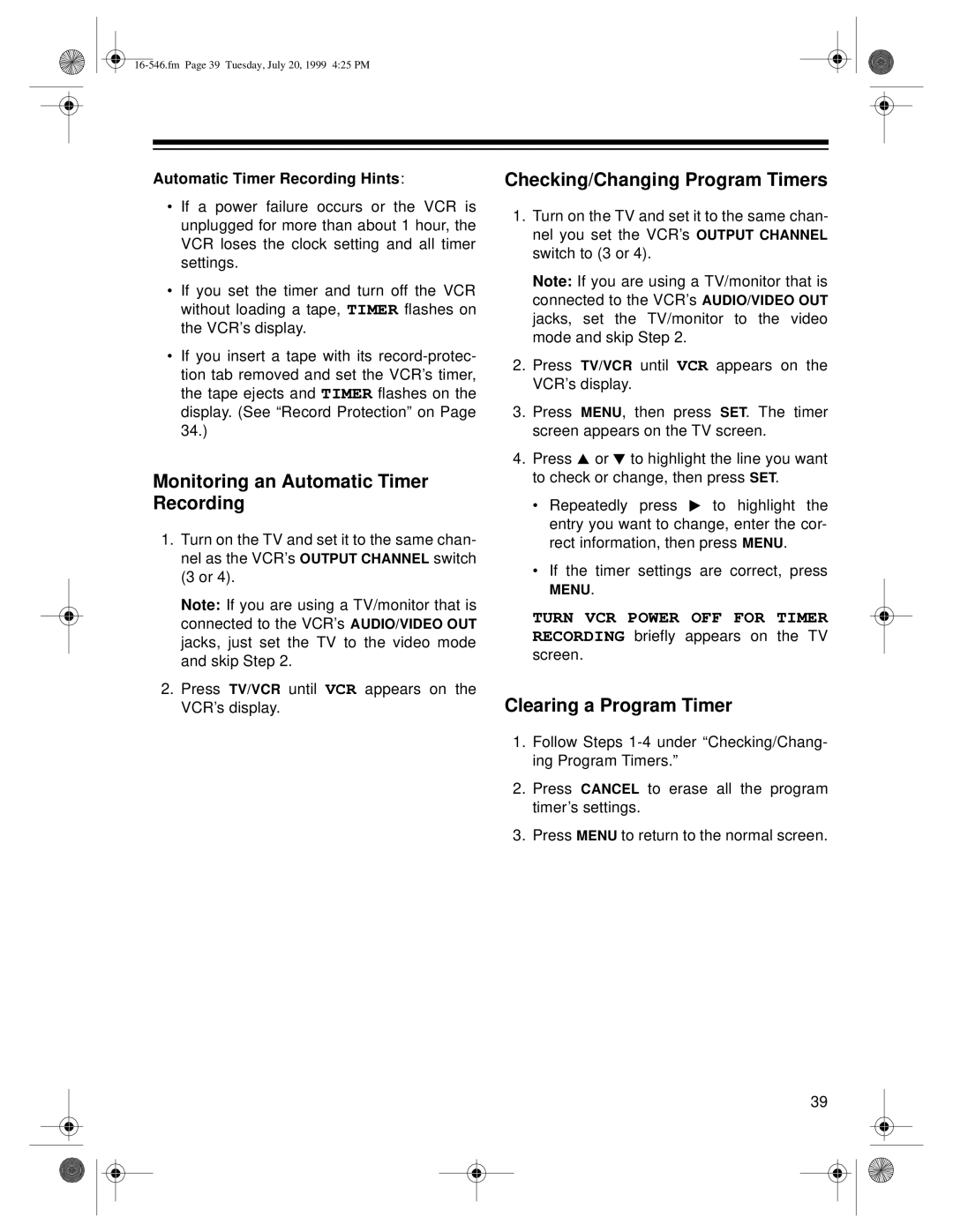 Optimus 109 Monitoring an Automatic Timer Recording, Checking/Changing Program Timers, Clearing a Program Timer 