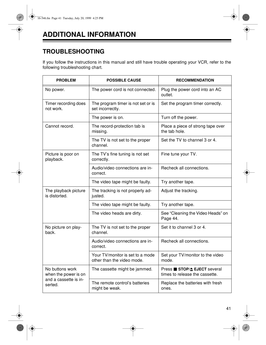 Optimus 109 owner manual Additional Information, Troubleshooting 