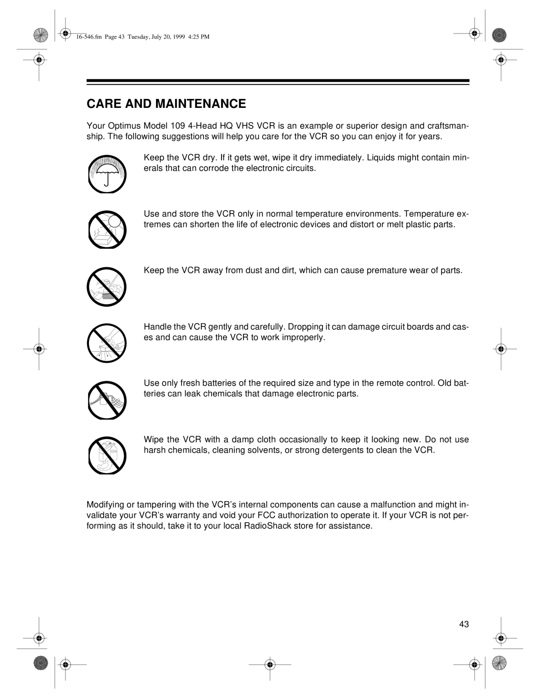 Optimus 109 owner manual Care and Maintenance 