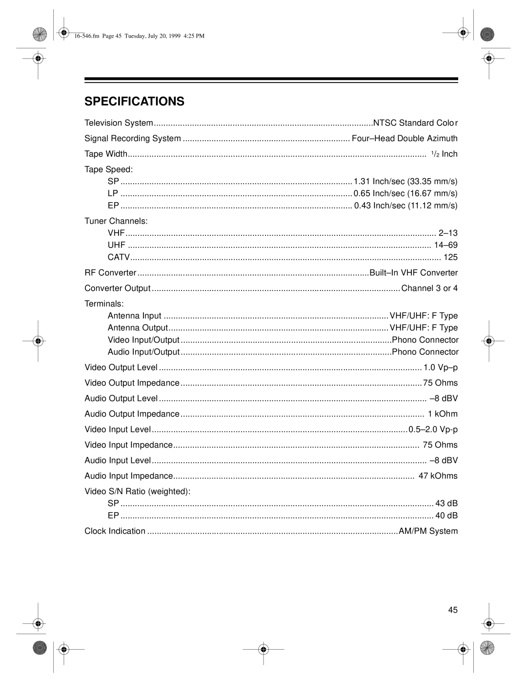 Optimus 109 owner manual Specifications 