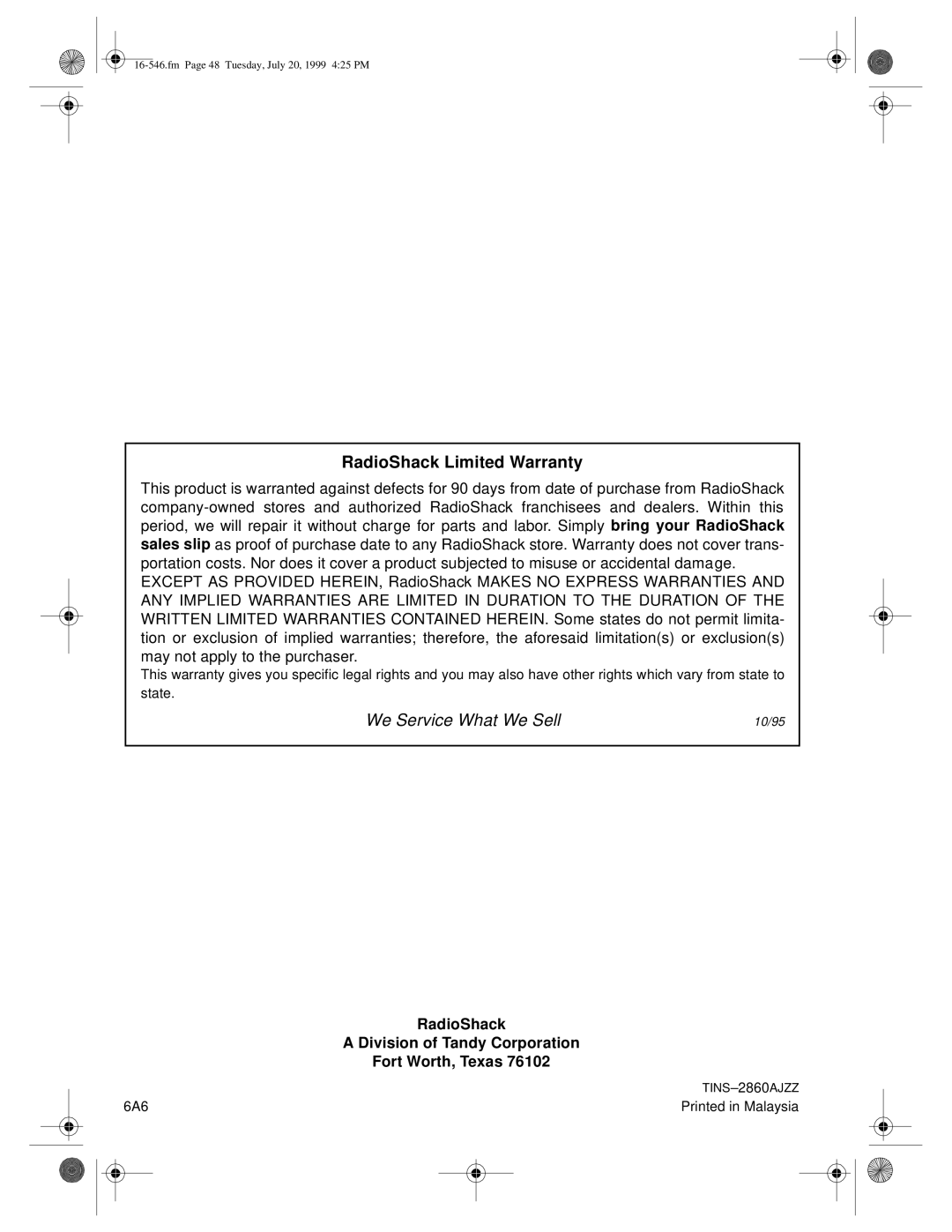 Optimus 109 owner manual RadioShack, Division of Tandy Corporation, Fort Worth, Texas 