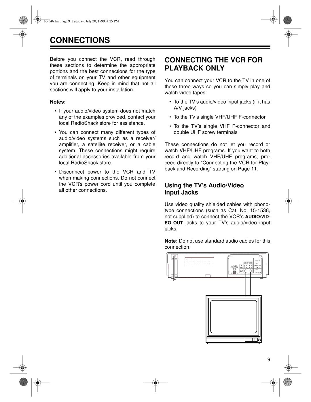 Optimus 109 owner manual Connections, Connecting the VCR for Playback only, Using the TV’s Audio/Video Input Jacks 