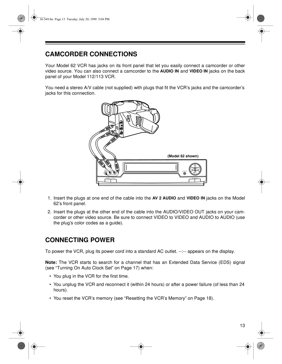 Optimus 62 (HI-FI) (16-632), 112 (16-549), 113 (16-550) owner manual Camcorder Connections, Connecting Power 