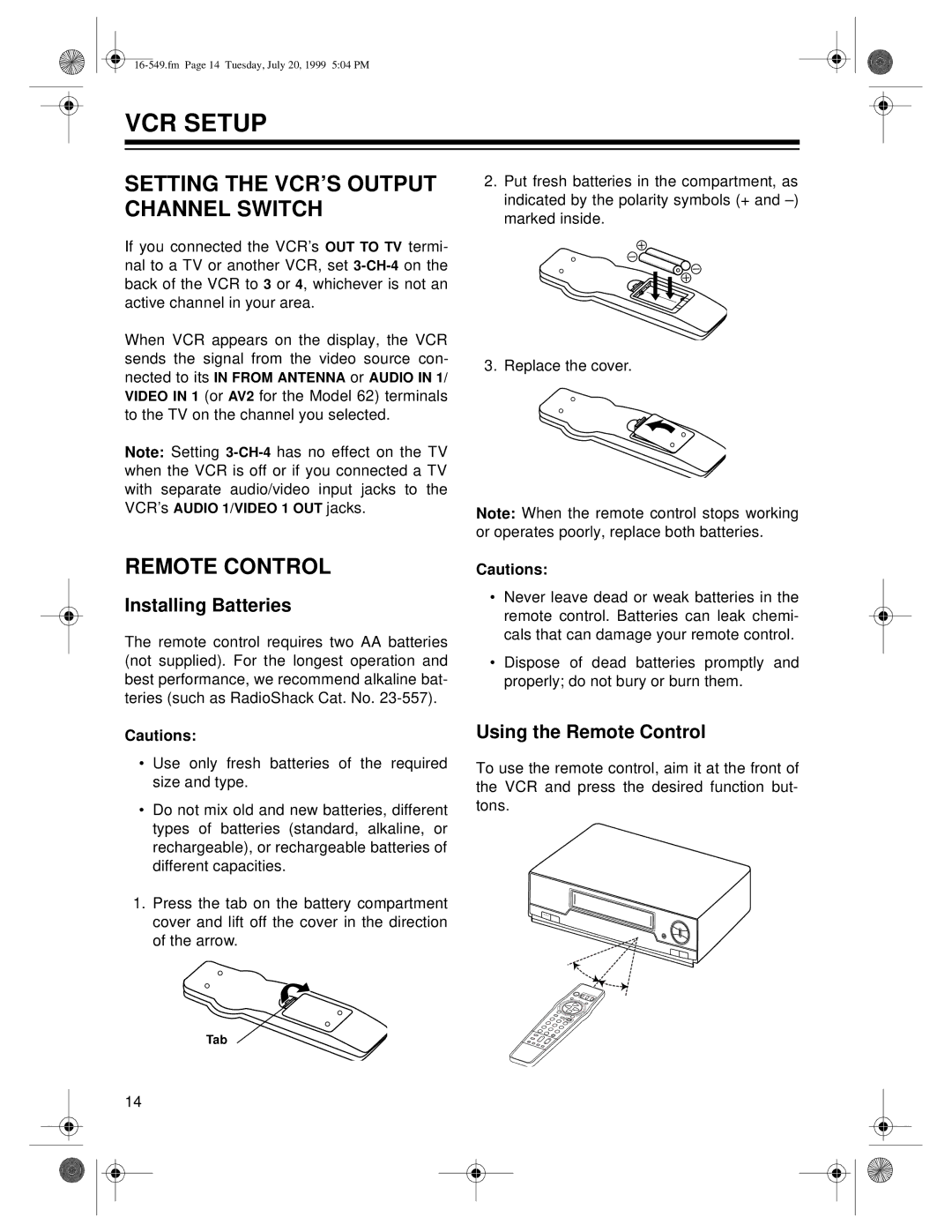 Optimus 113 (16-550) owner manual VCR Setup, Setting the VCR’S Output Channel Switch, Remote Control, Installing Batteries 