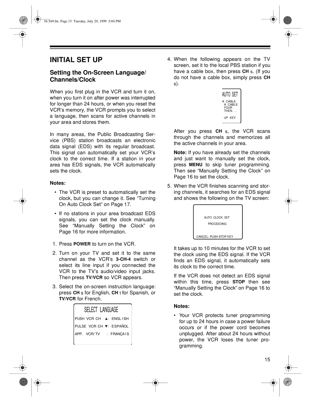 Optimus 112 (16-549), 62 (HI-FI) (16-632), 113 (16-550) Initial SET UP, Setting the On-Screen Language/ Channels/Clock 