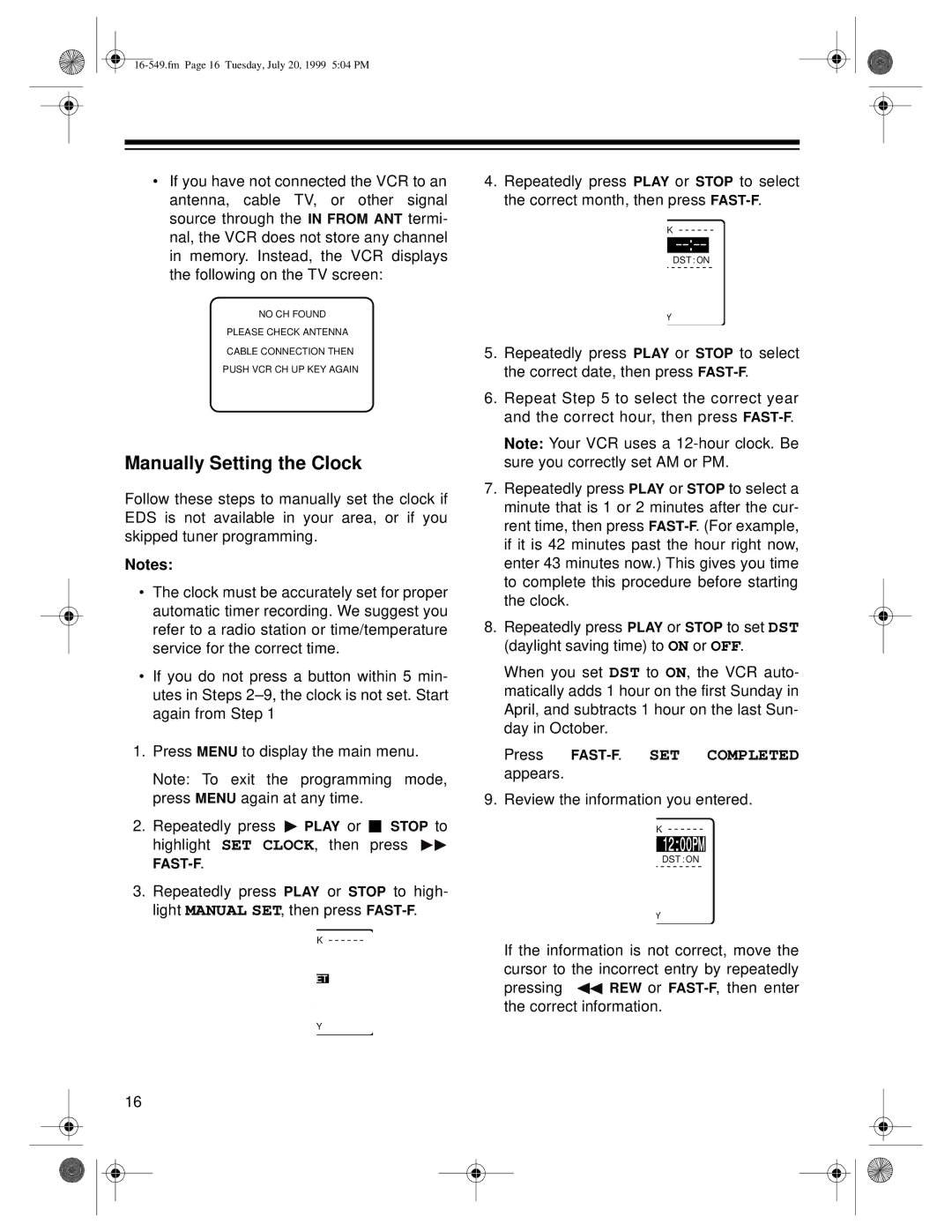 Optimus 62 (HI-FI) (16-632), 112 (16-549), 113 (16-550) owner manual Manually Setting the Clock, 1200PM 