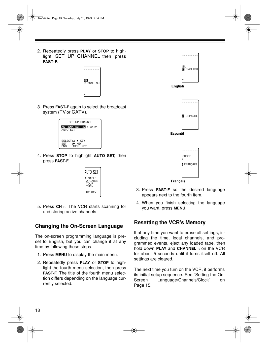 Optimus 112 (16-549), 62 (HI-FI) (16-632), 113 (16-550) Changing the On-Screen Language, Resetting the VCR’s Memory 