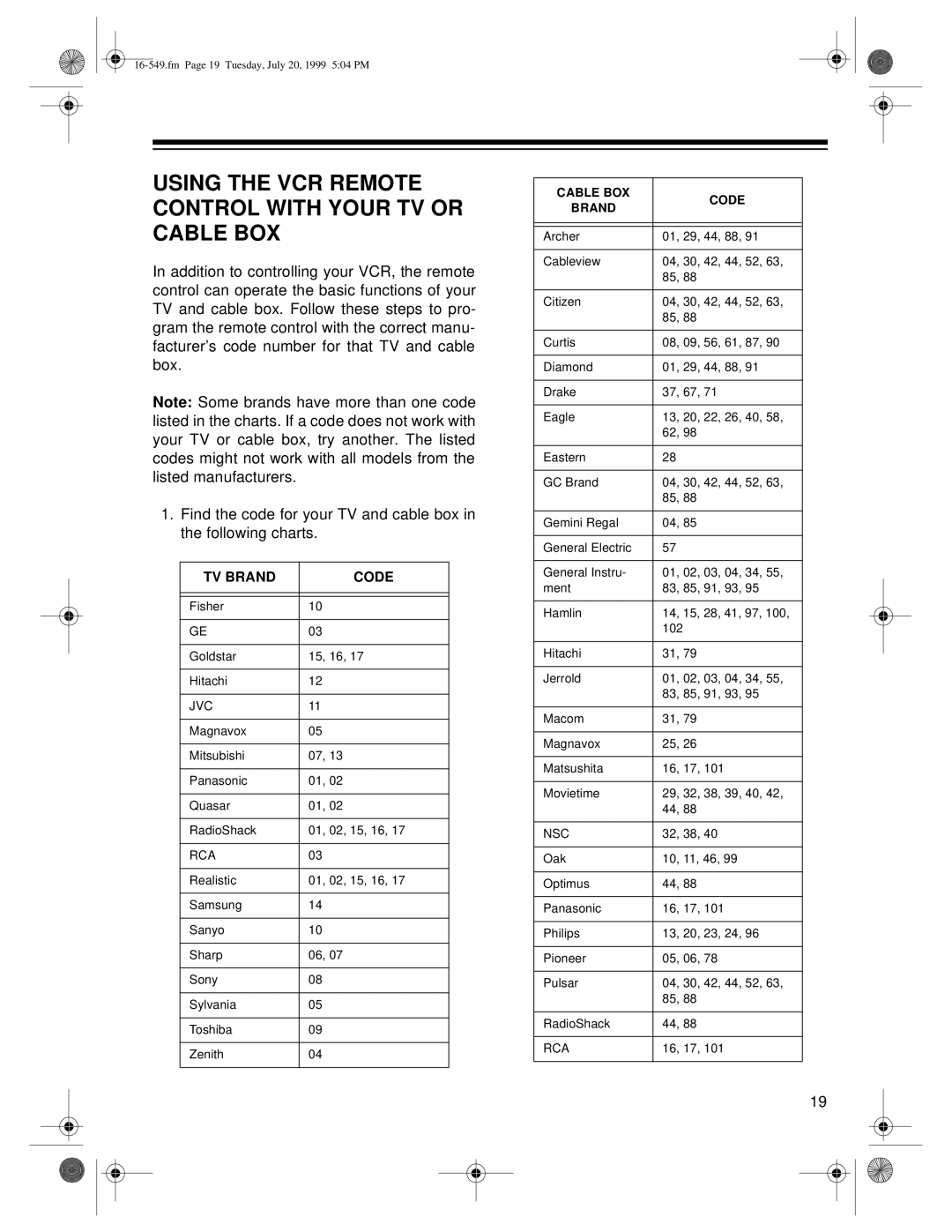 Optimus 62 (HI-FI) (16-632), 112 (16-549) owner manual Using the VCR Remote Control with Your TV or Cable BOX, TV Brand Code 