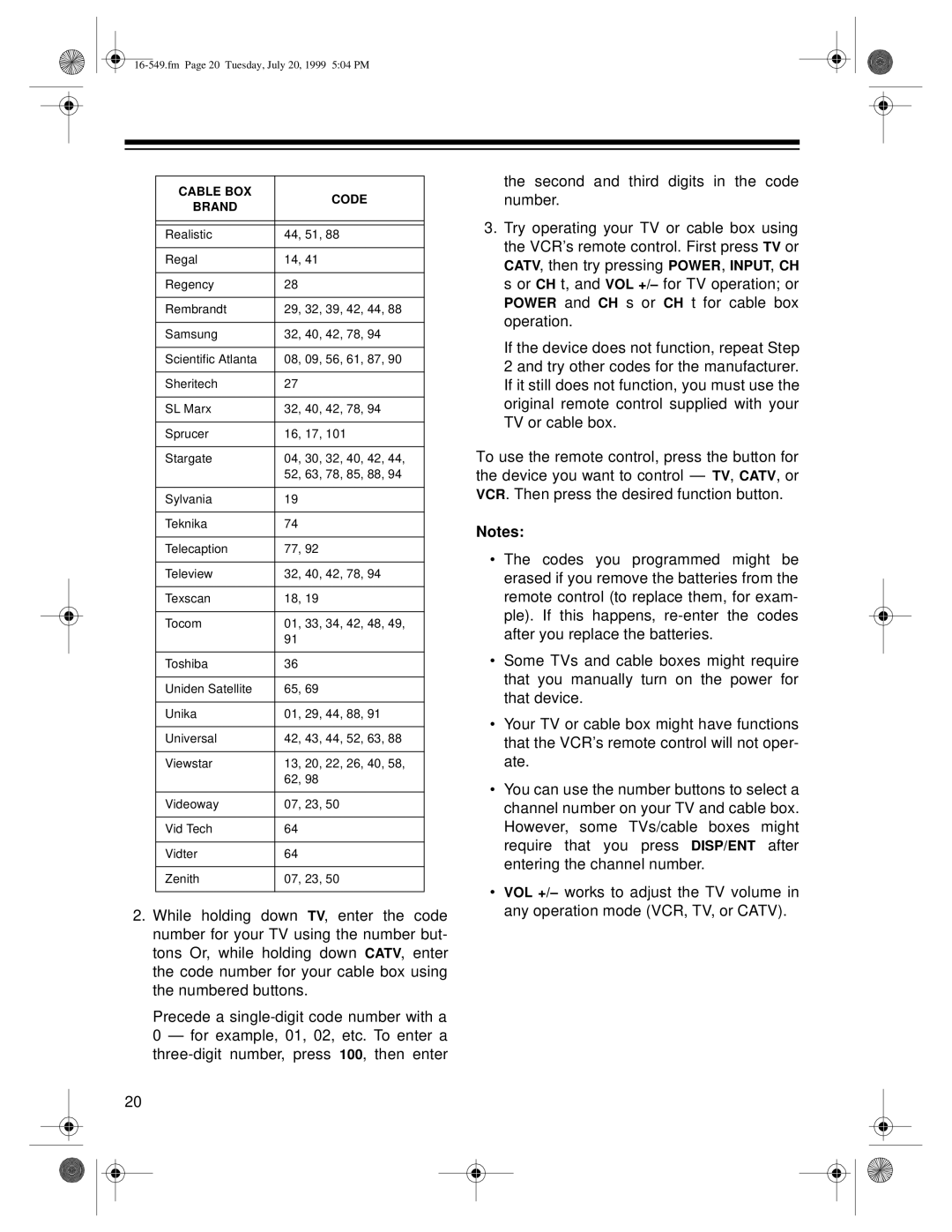 Optimus 113 (16-550), 112 (16-549), 62 (HI-FI) (16-632) owner manual Fm Page 20 Tuesday, July 20, 1999 504 PM 