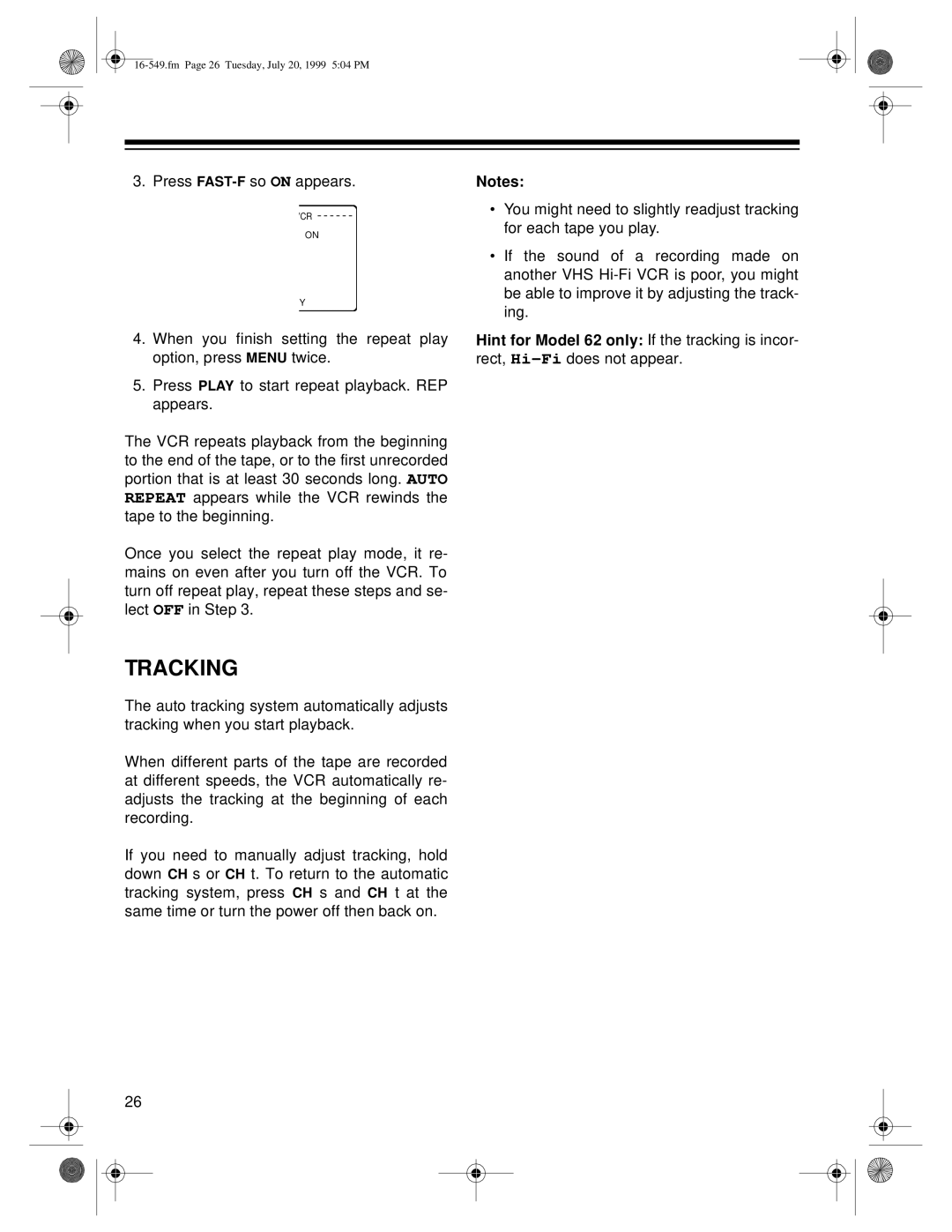 Optimus 113 (16-550), 112 (16-549), 62 (HI-FI) (16-632) owner manual Tracking 