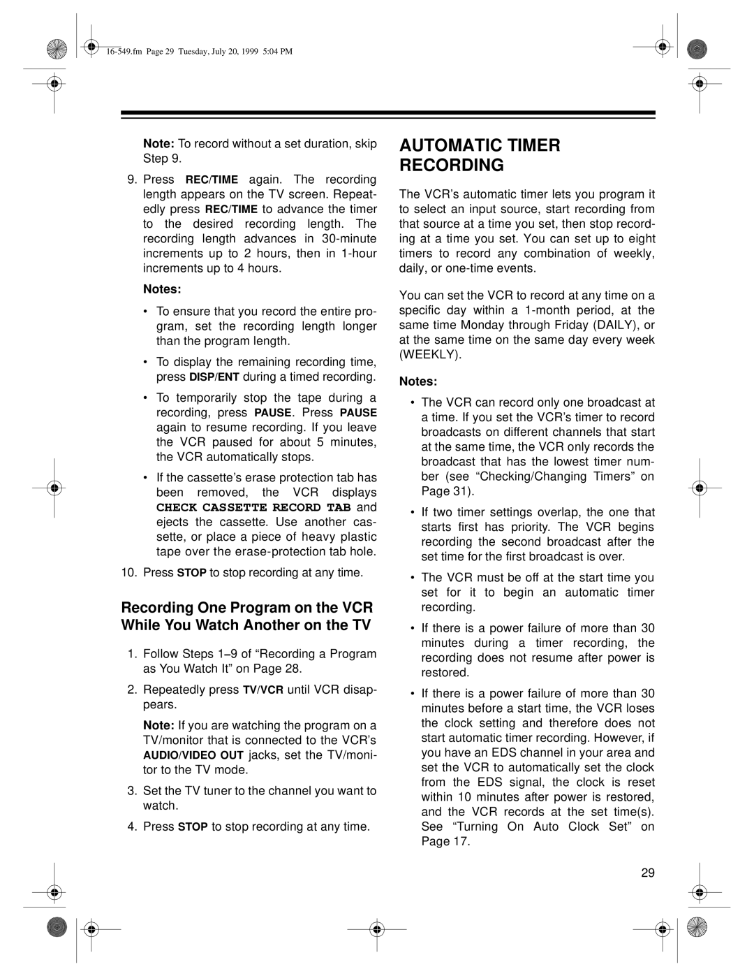 Optimus 113 (16-550), 112 (16-549), 62 (HI-FI) (16-632) owner manual Automatic Timer Recording 